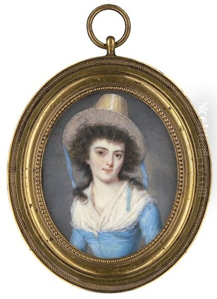 Bildnis Jeanne Catherine Sollicoffre Rilliet In Blauem Kleid Mit Strohhut Und Blauen Bandern Oil Painting by Pierre Louis Bouvier