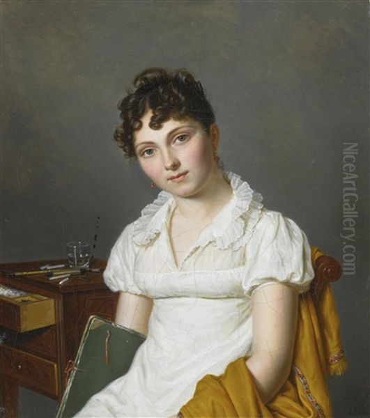 Portrait Of A Lady, Half Length, Holding An Artist's Portfolio, Seated At A Table With A Chest Of Drawing Paraphernalia Oil Painting by Pierre Louis Bouvier