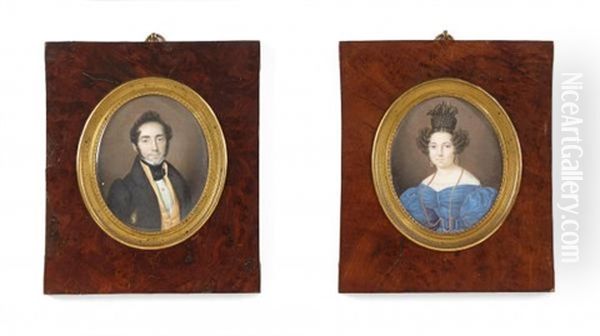 Double Portraits Figurant Un Couple De Personnages, En Redingote Et Gilet Jaune Pour Le Premier, Rose Plissee Bleue Et Coiffure A Haut Chignon Pour La Seconde (2 Works) Oil Painting by Pierre Louis Bouvier