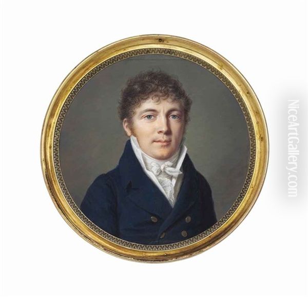 A Young Gentleman, In Blue Coat With Gold Buttons, White Waistcoat And Filled Cravat, Curling Brown Hair Oil Painting by Pierre Louis Bouvier