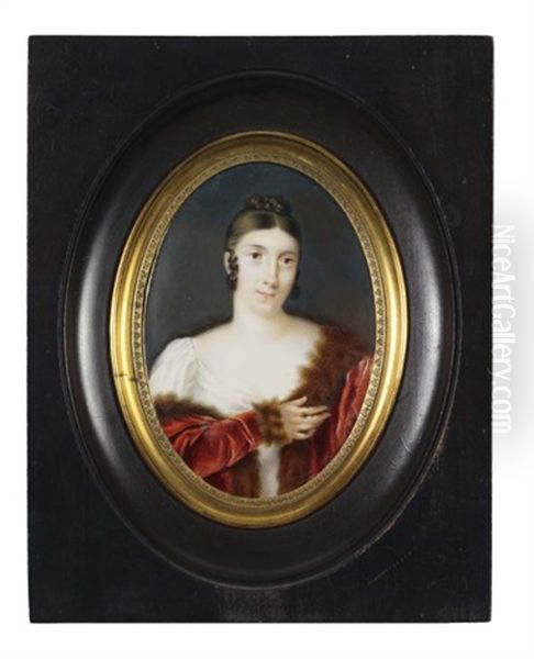 Portrait De Femme En Robe De Soie Et Manteau De Velours Rouge Borde De Zibeline Oil Painting by Pierre Louis Bouvier