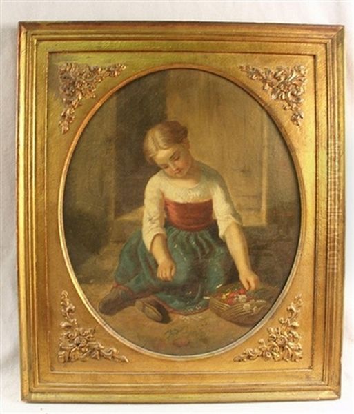 Girl With Flower Basket Oil Painting by Pietro Bouvier