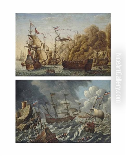 An Incident In The Battle Of The Downs (+ Dutch Galleons Labouring In Heavy Weather, With One Sinking By The Bow Off A Rocky Outcrop Topped By A Citadel (both Illustrated); Pair) Oil Painting by Cornelis Bouwmeester