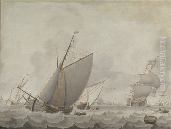 Segelschiffe Auf Bewegter See Oil Painting by Cornelis Bouwmeester