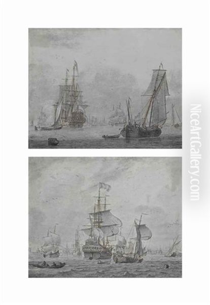 A Penschilderij With Shipping In A Light Breeze And A Penschilderij With Shipping In A Strong Breeze (a Pair) Oil Painting by Cornelis Bouwmeester