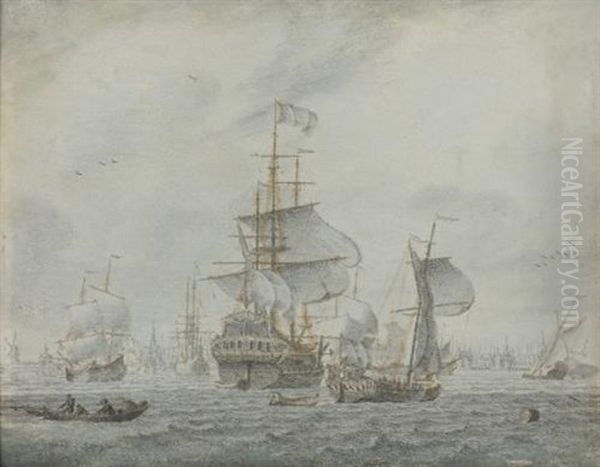 Shipping In A Light Breeze (+ Shipping In A Gusty Breeze; 2 Works) Oil Painting by Cornelis Bouwmeester