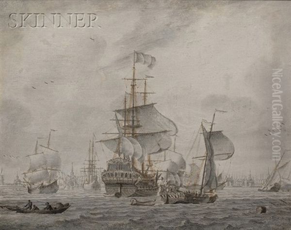 Vessels In Port In Calm Seas (2 Works) Oil Painting by Cornelis Bouwmeester