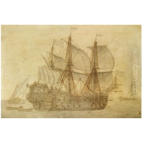 The Dutch Voc Ship De Concordia In A Calm Sea, A Flagship And A Smalship In The Distance Oil Painting by Cornelis Bouwmeester