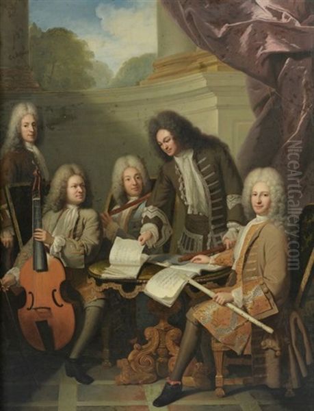 Portrait Du Compositeur Michel De La Barre, Tournant Les Pages D'un Cahier De Musique, Avec Un Joueur De Viole Et De Deux Flutistes Oil Painting by Andre Bouys