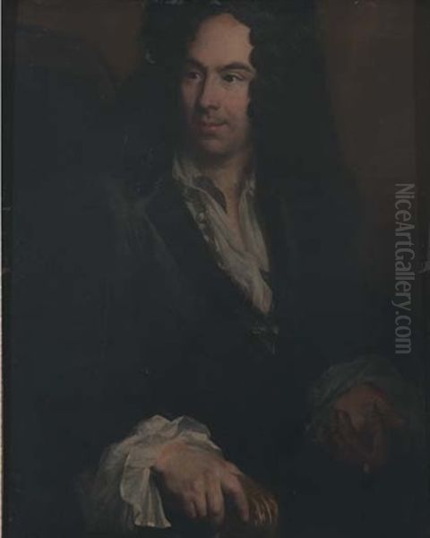 Portrait D'homme Assis Coiffe D'une Perruque, La Chemise Ouverte, La Main Droite Sur L'accotoir D'un Siege Oil Painting by Andre Bouys