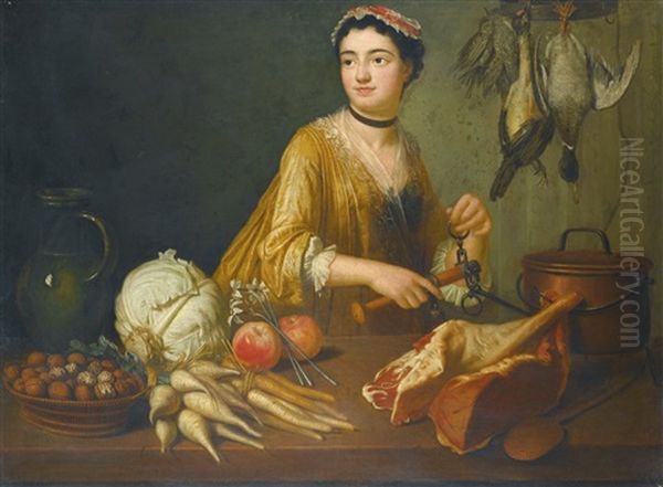 Interior Scene With A Lady Seated By A Kitchen Table Preparing A Meal Oil Painting by Andre Bouys