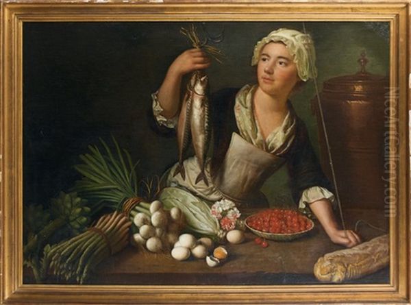 Servante Dans Une Cuisine Hissant Des Maquereaux - Sur La Table: Legumes, Oeufs, Cerises Et Pain Oil Painting by Andre Bouys