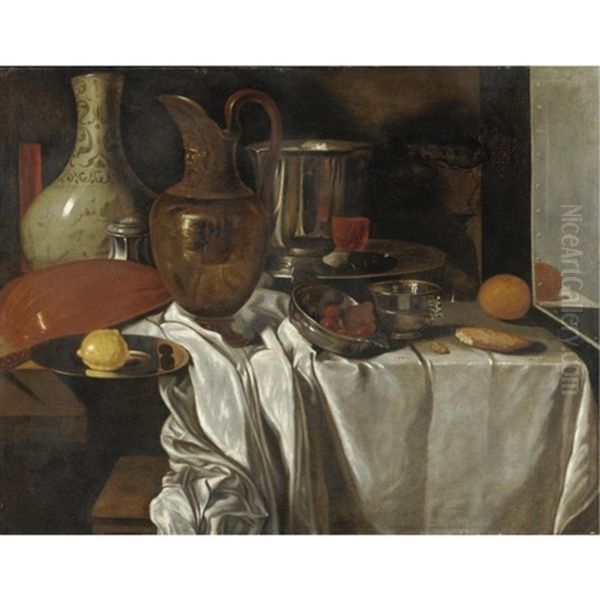 Natura Morta Con Una Brocca, Un Vassoio Con Un Limone, Un Liuto, Un Recipiente In Maiolica E Altri Oggetti Su Un Tavolo Oil Painting by Andre Bouys