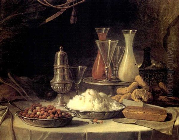 Nature Morte Aux Pieces D'orfevrerie Et Friandises Sur Entablement Oil Painting by Andre Bouys