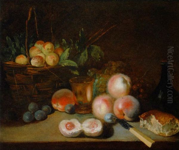 Nature Morte: Corbeille De Fruits, Fruits, Timbale... Poses Sur Un Entablement Oil Painting by Andre Bouys