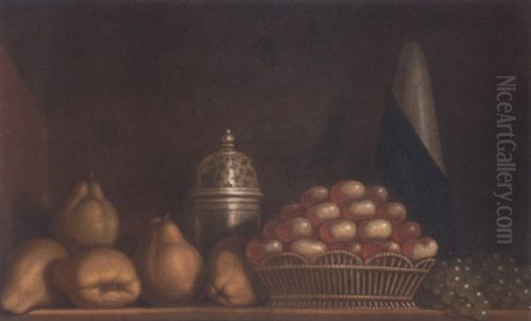 A Still Life Of Apples In A Wicker Basket, Together With Pears, Peaches And A Silver Sugar Caster Oil Painting by Andre Bouys