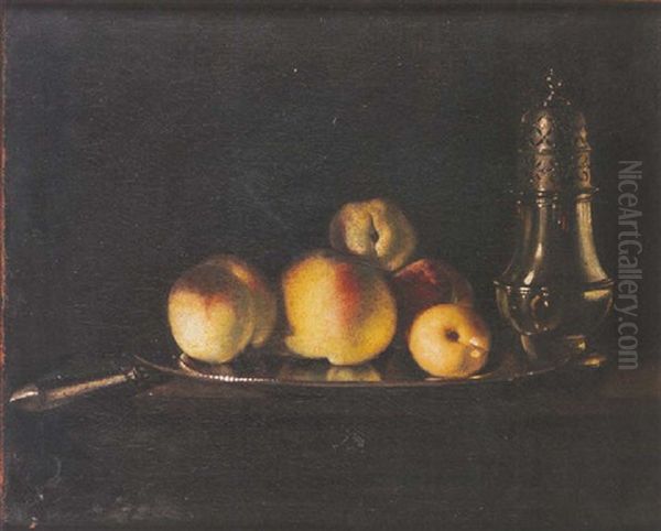 A Still Life Of A Silver Dish Of Peaches, A Sugar Caster And A Knife On A Ledge Oil Painting by Andre Bouys