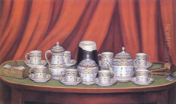 Still Life Of A Coffee Service, With A Hot Milk Pot, A Sucrier, A Mallet And A Hatchet All On A Table Oil Painting by Andre Bouys