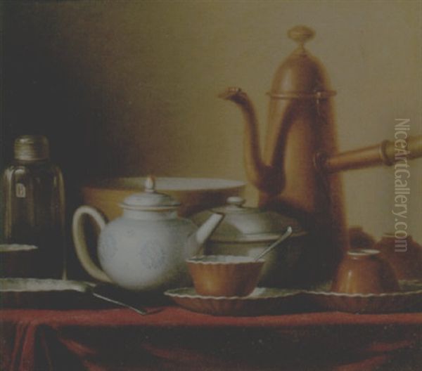 Still Life Of A Chocolate Pot, Teapot, Sucrier, Bowl, Tea Jar, Tea Cups And Silver Spoons, All Upon A Draped Table Top Oil Painting by Andre Bouys