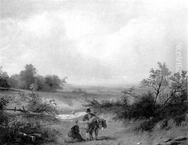 Travellers With A Donkey On A Track In An Extensive Landscape Oil Painting by Felix Bovie