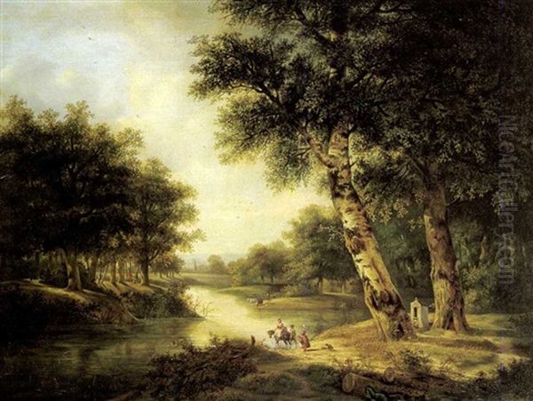 Figures Crossing A Stream In An Extensive Wooded Landscape Oil Painting by Felix Bovie