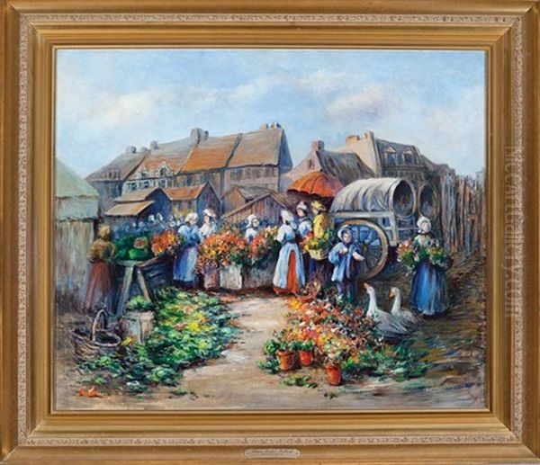 Flower Market - Holland Oil Painting by Harriette Bowdoin