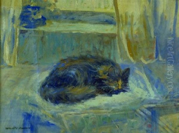 Cat Seated On A Plush White Pillow Before A Window Oil Painting by Harriette Bowdoin