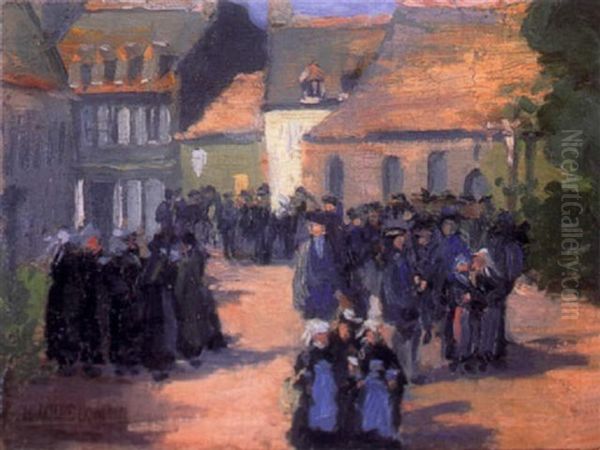 Figures And Nuns On A Village Street Oil Painting by Harriette Bowdoin