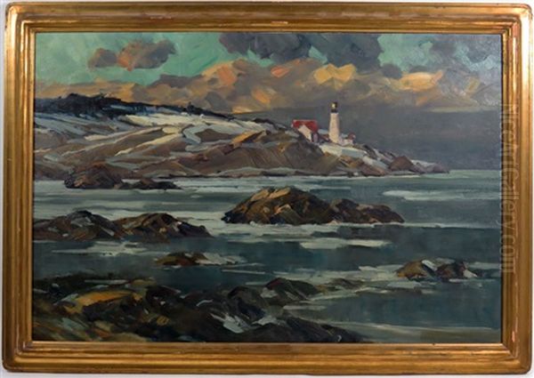 Rocky Maine Coast With Lighthouse Oil Painting by Alexander Bower