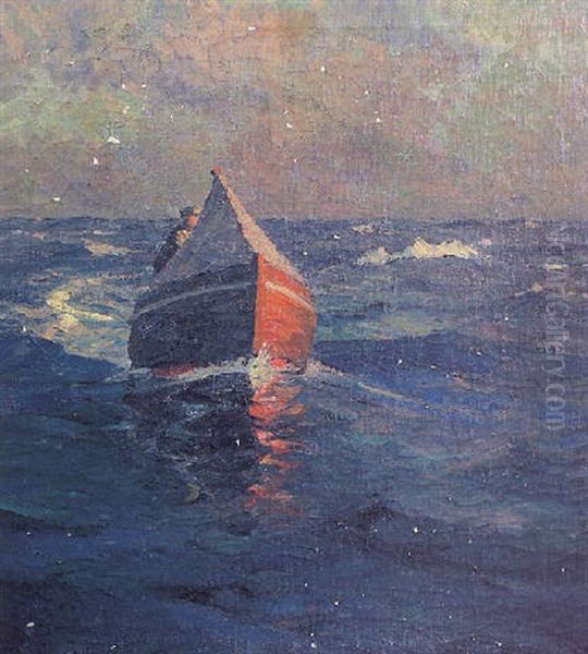 Lone Figure In A Small Sailboat Oil Painting by Alexander Bower