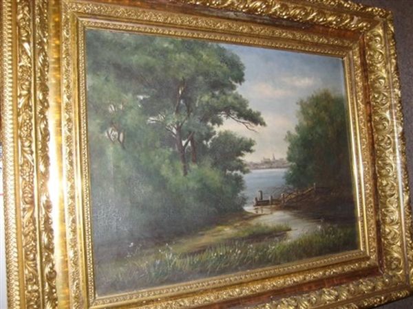 Lake Scene With Distant Harbor Town Oil Painting by Frank Louville Bowie