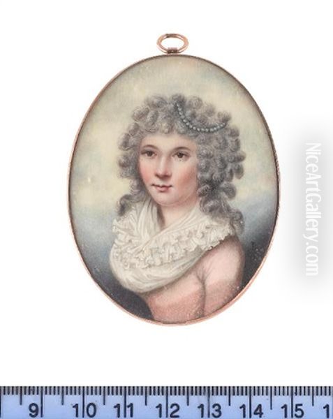 A Lady, Wearing Pink Dress With White Frilled Fichu, A Strand Of Pearls In Her Curled, Powdered Hair Oil Painting by Joseph Bowring