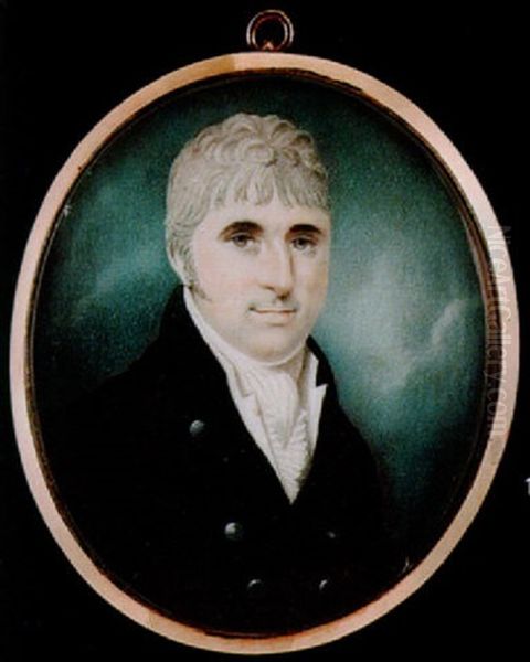 A Gentleman Wearing Black Coat With Silver Buttons, White Waistcoat, Stock And Frilled Cravat Oil Painting by Joseph Bowring