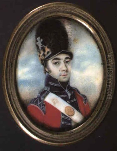 An Officer, Possibly Of The Cheshire Yeomanry, In Scarlet   Coat With Blue Facings And Silver Lace... by Joseph Bowring