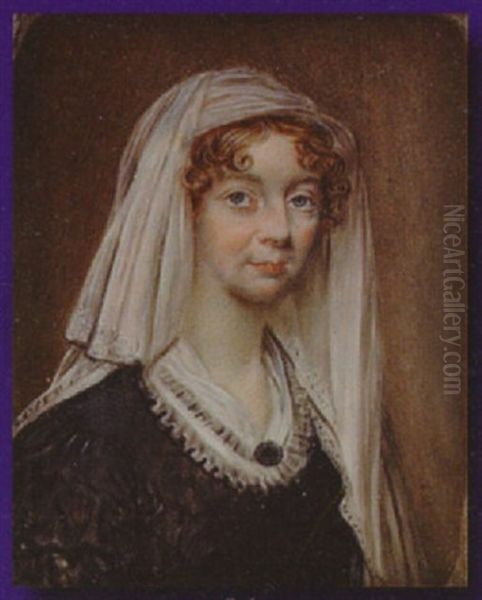 Mrs. Cotton, Wearing Black Dress With White Frilled Collar And Fichu, Gold Necklace And White Lace Edged Veil Oil Painting by Robert Bowyer