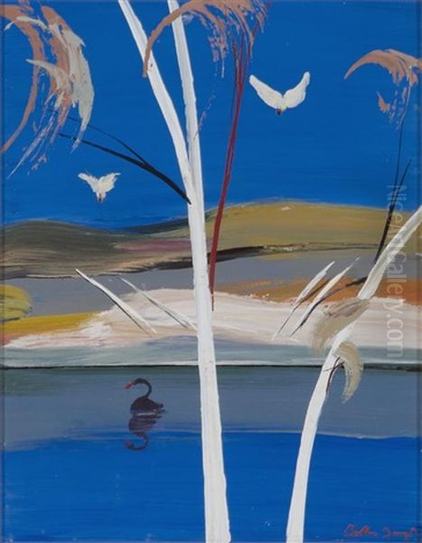 Shoalhaven Riverbank With Cockatoos And Black Swan by Arthur Merric Boyd