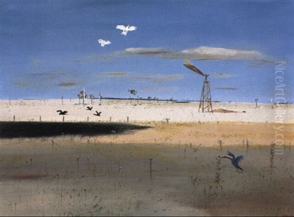 Wimmera Landscape With Windmill And White Cockatoos Oil Painting by Arthur Merric Boyd