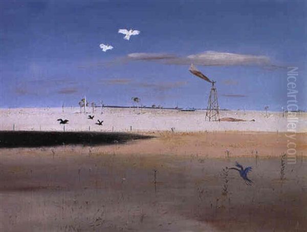 Wimmera With Wind Pump And Cockatoos In Flight Oil Painting by Arthur Merric Boyd