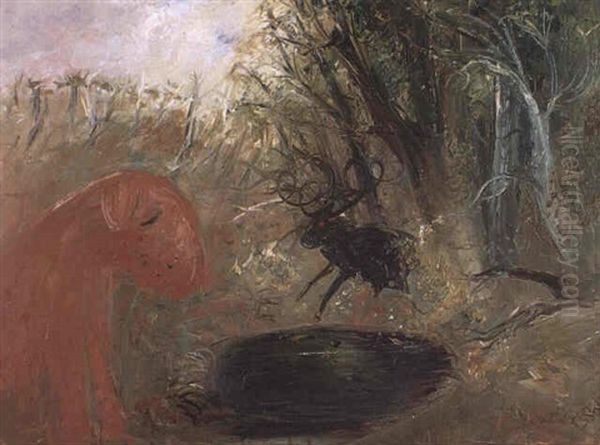 Red Dog And Ram By Black Pool Oil Painting by Arthur Merric Boyd