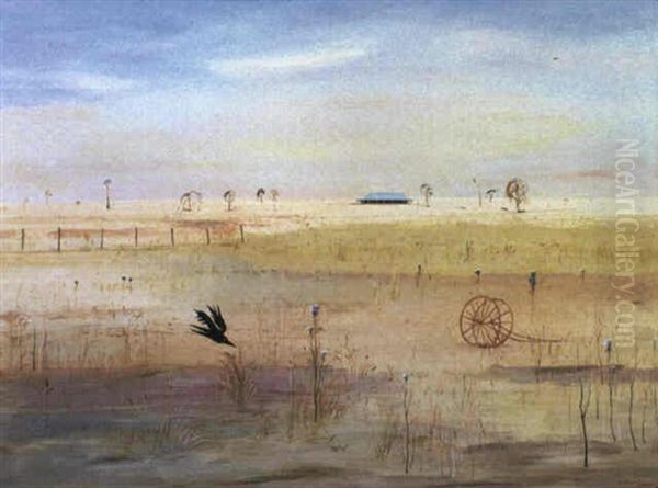 Wimmera Landscape With Hayrake, Homestead And Crows Oil Painting by Arthur Merric Boyd