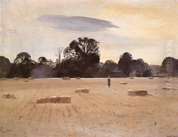 Landscape With Hay Bales And Figure Oil Painting by Arthur Merric Boyd