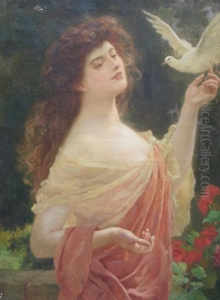 Jeune Femme A La Colombe Et Aux Geraniums Oil Painting by Abel Dominique Boye