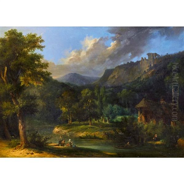 Idyllische Flusslandschaft Mit Staffage Oil Painting by Alexis-Francois Boyenval