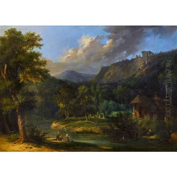 Idyllische Flusslandschaft Mit Staffage Oil Painting by Alexis-Francois Boyenval