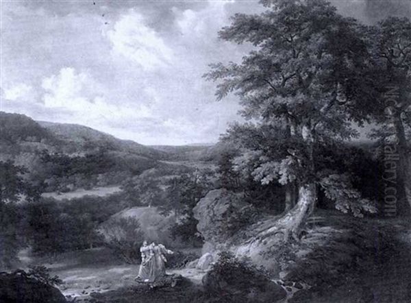 Figures In An Extensive Wooded Landscape Oil Painting by Alexis-Francois Boyenval