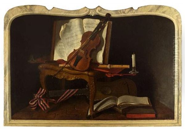 Les Attributs De La Musique Devant Une Cheminee De Marbre Blanc En Trompe-l'oeil Oil Painting by Michel Boyer