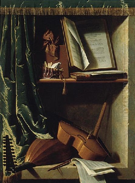 A Trompe L'oeil Of A Lute, A Violin And A Flute, With Books Of Music In A Curtained Stone Niche Oil Painting by Michel Boyer