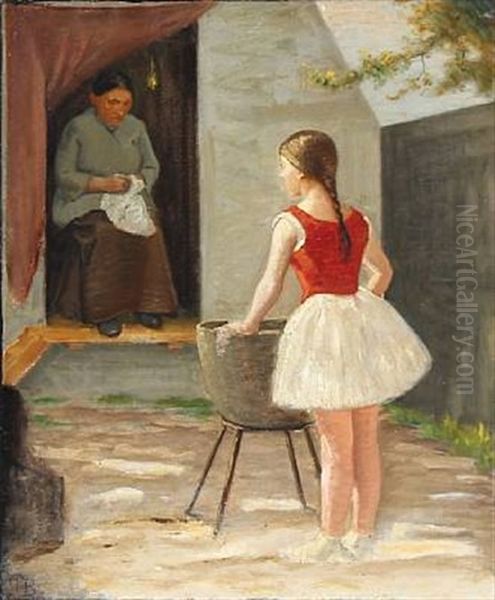 A Girl Dancing In Front Of An Elderly Woman Oil Painting by Peter Rostrup Boyesen