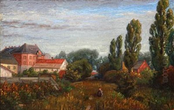 Landscape By Manor Houses With Boy Sitting In The Grass Oil Painting by Peter Rostrup Boyesen