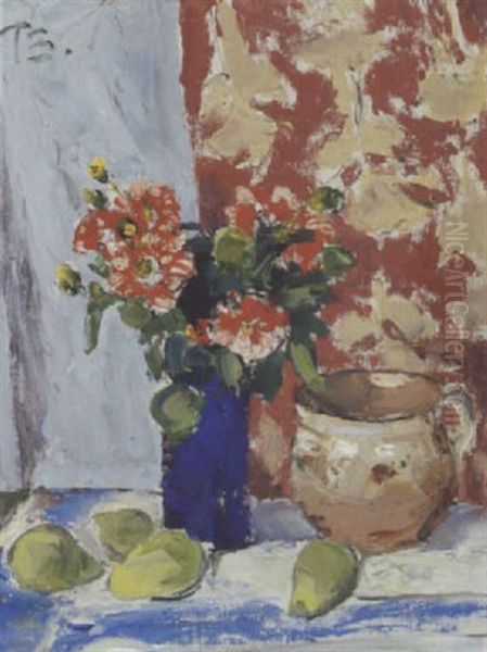 Opstilling Med Blomster I Vase, Paeerer Og Kande by Peter Rostrup Boyesen